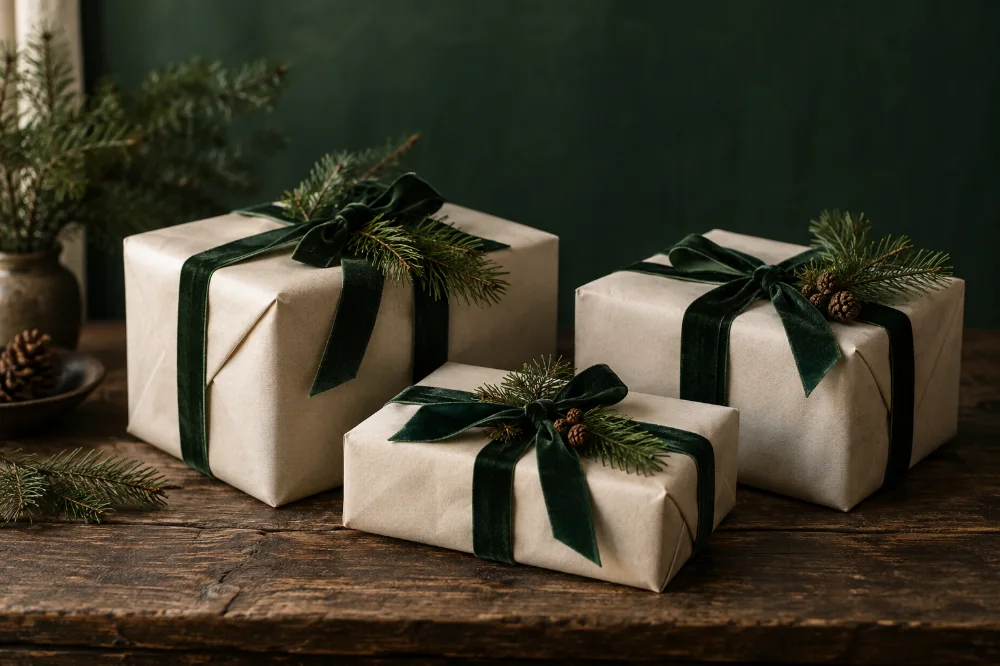 Festlich verpackte Geschenke mit grünen Schleifen und Tannenzweigen